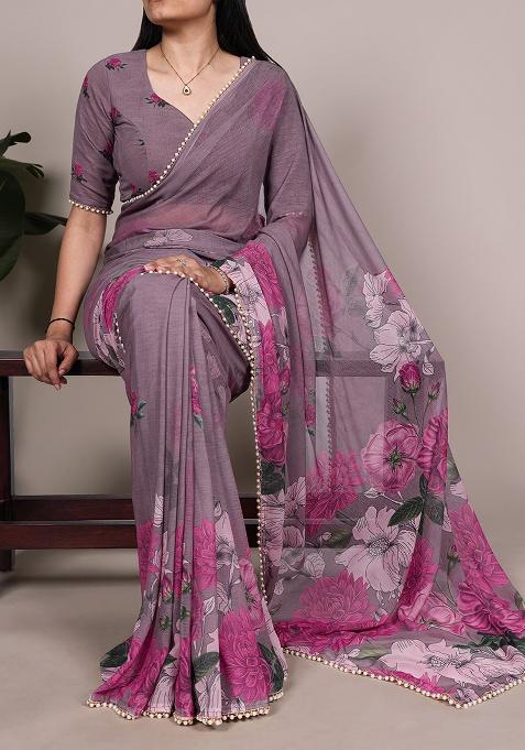 Grey Floral Print Marbal Saree Set