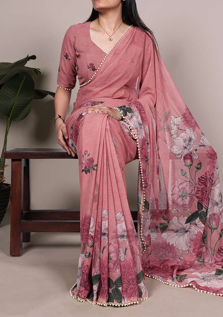 Peach Floral Print Marbal Saree Set for Diwali and Festive Wear - Indya