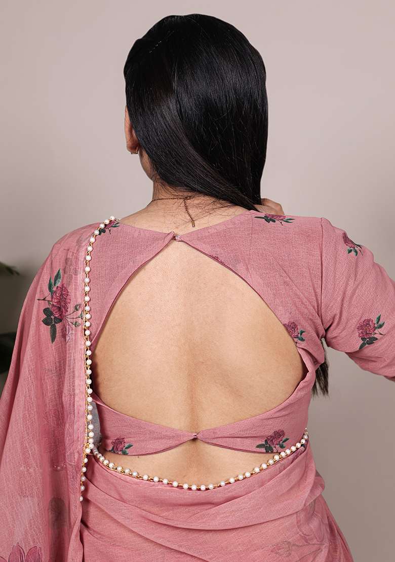 Peach Floral Print Marbal Saree Set for Diwali and Festive Wear - Indya