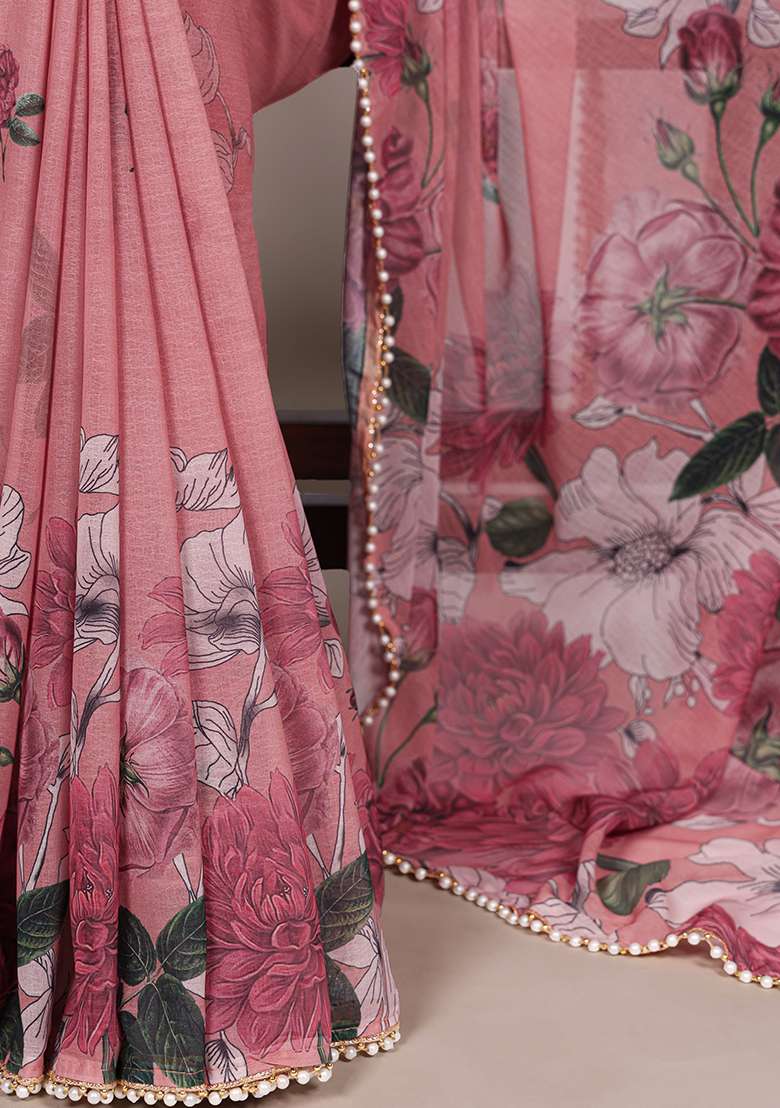 Peach Floral Print Marbal Saree Set for Diwali and Festive Wear - Indya