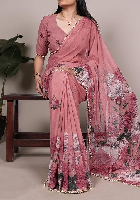 Peach Floral Print Marbal Saree Set