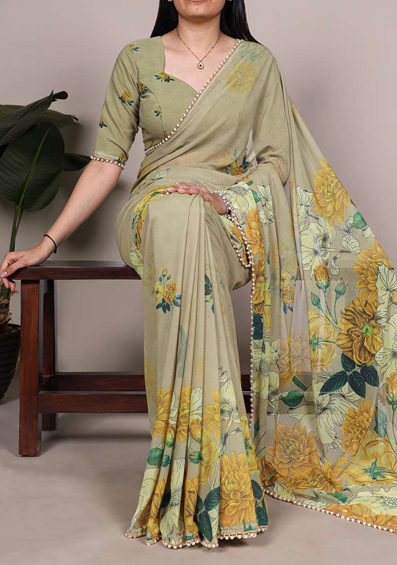 Mehendi Floral Print Marbal Saree Set for Diwali and Festive Wear - Indya