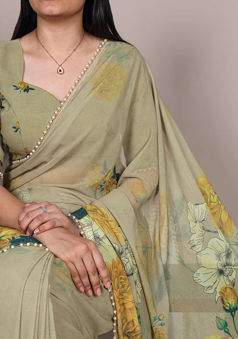 Mehendi Floral Print Marbal Saree Set for Diwali and Festive Wear - Indya