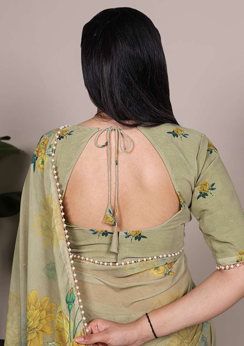 Mehendi Floral Print Marbal Saree Set for Diwali and Festive Wear - Indya