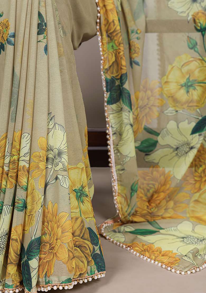 Mehendi Floral Print Marbal Saree Set for Diwali and Festive Wear - Indya