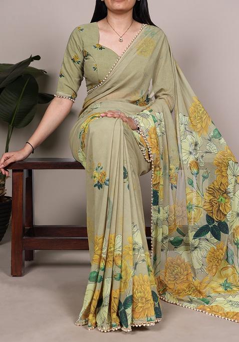 Mehendi Floral Print Marbal Saree Set