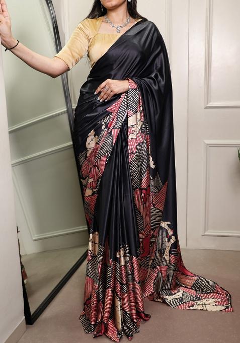 Black Printed Silk Blend Saree Set