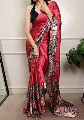 Red Printed Silk Blend Saree Set