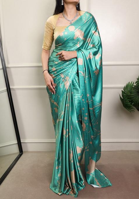Sky Blue Printed Silk Blend Saree Set