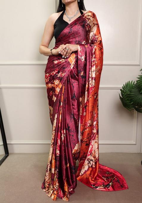 Maroon Printed Silk Blend Saree Set