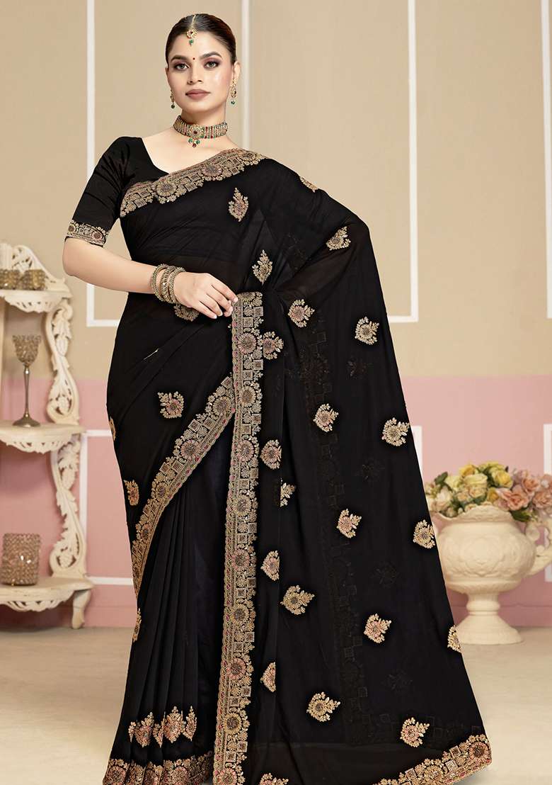 Black Georgette Saree Set with Embroidery for Diwali | Wedding & Festive Wear - Indya