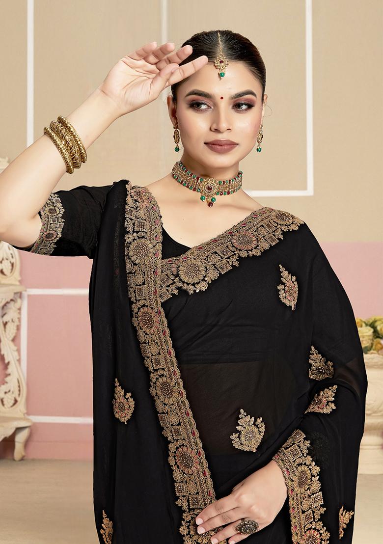 Black Embroidery Georgette Saree Set - Indya