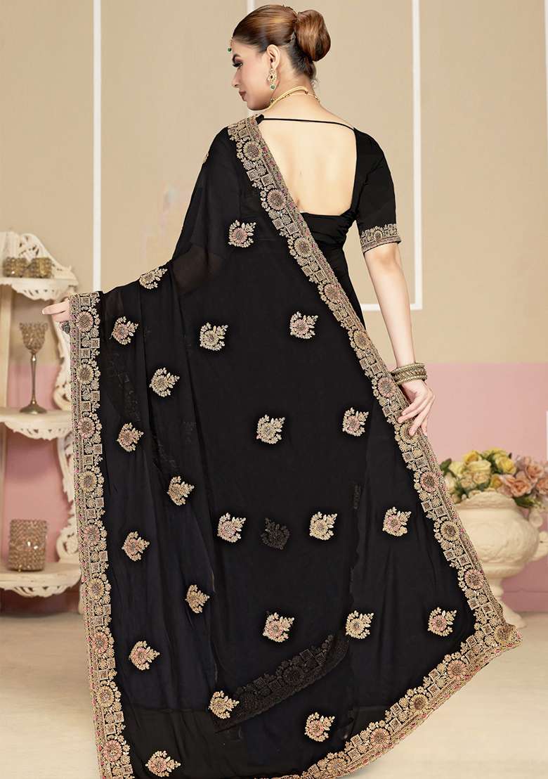 Black Georgette Saree Set with Embroidery for Diwali | Wedding & Festive Wear - Indya