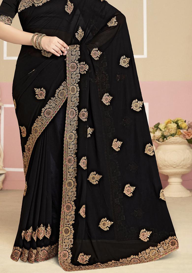 Black Embroidery Georgette Saree Set - Indya