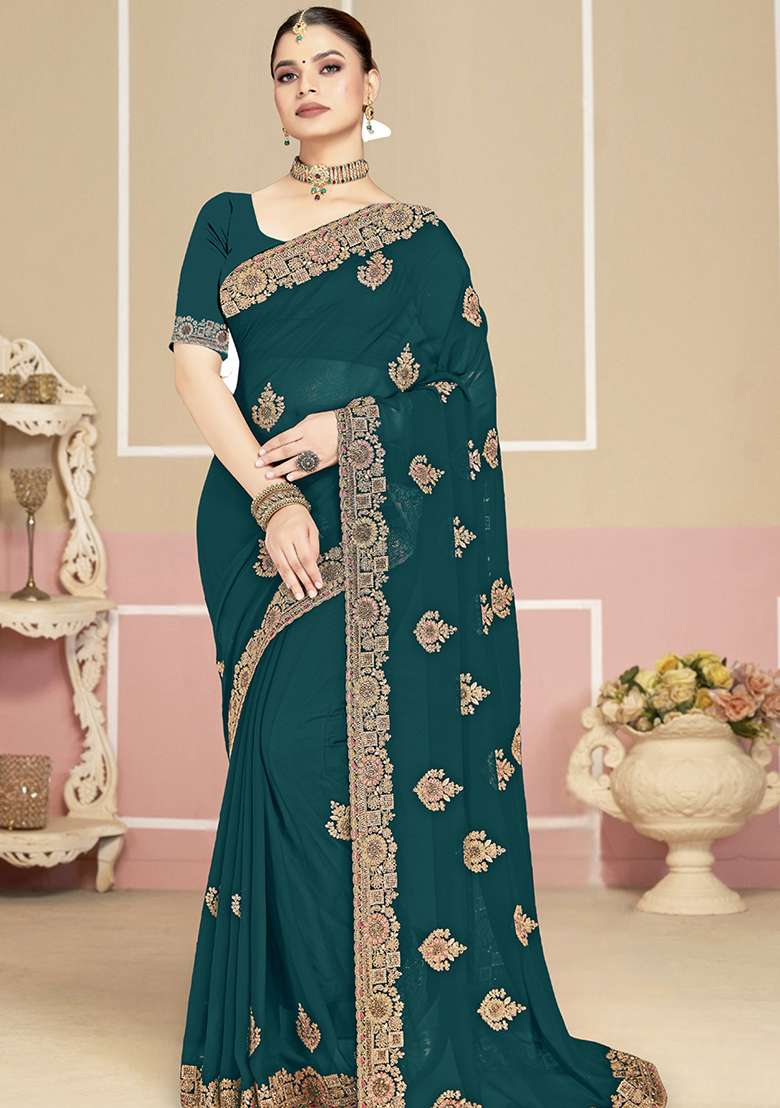 Teal Blue Embroidery Georgette Saree Set for Diwali and Festive Wear - Indya