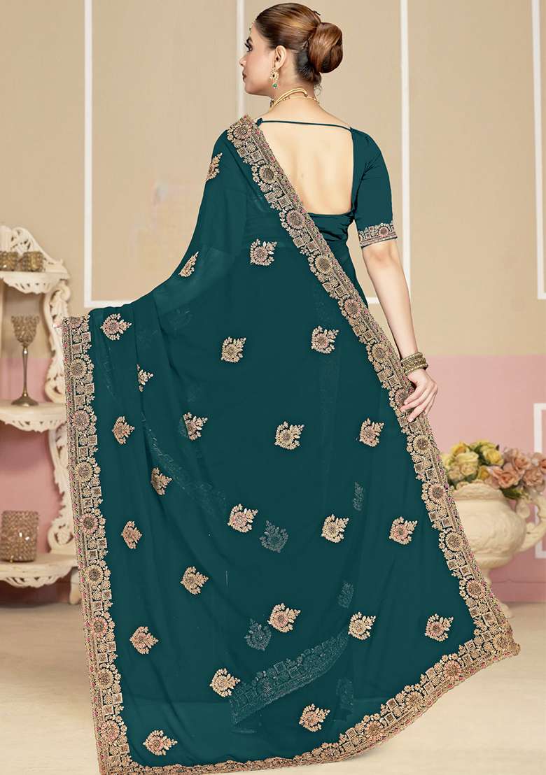 Teal Blue Embroidery Georgette Saree Set for Diwali and Festive Wear - Indya