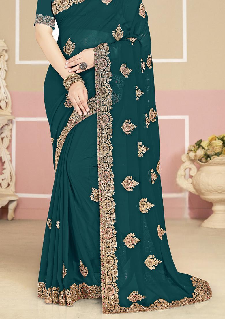 Teal Blue Embroidery Georgette Saree Set - Indya