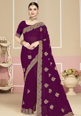 Purple Embroidery Georgette Saree Set