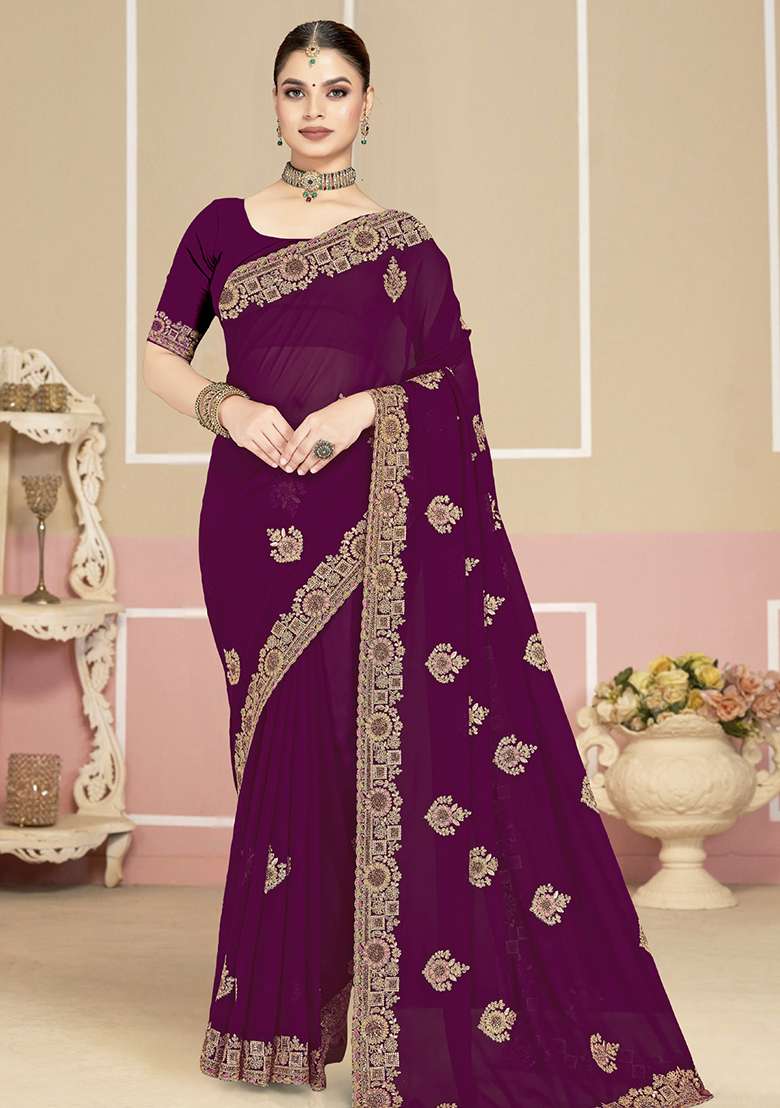 Purple Georgette Saree Set with Embroidery for Diwali | Wedding & Festive Wear - Indya