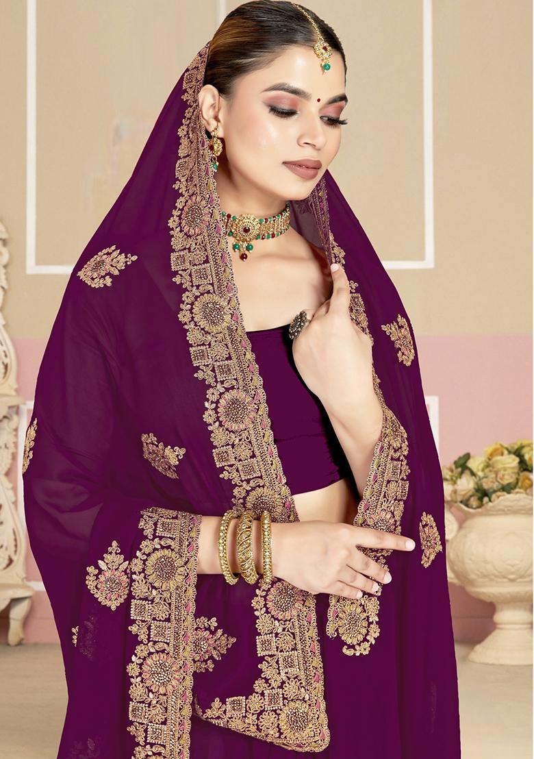 Purple Embroidery Georgette Saree Set - Indya