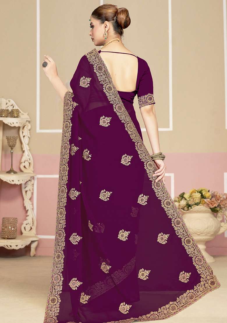 Purple Georgette Saree Set with Embroidery for Diwali | Wedding & Festive Wear - Indya