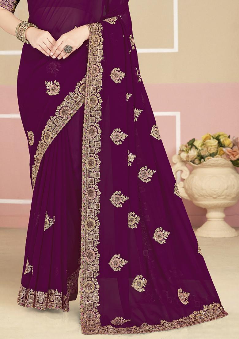 Purple Embroidery Georgette Saree Set - Indya
