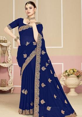 Navy Blue Embroidery Georgette Saree Set