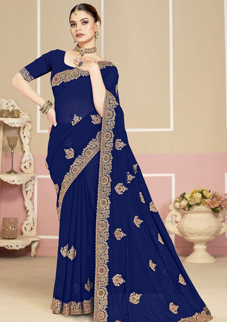 Navy Blue Georgette Saree Set with Embroidery for Diwali | Wedding & Festive Wear - Indya