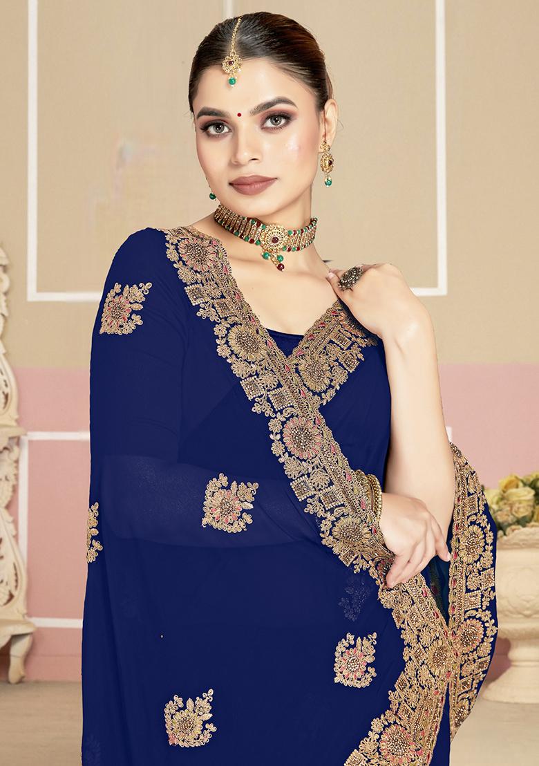 Navy Blue Embroidery Georgette Saree Set - Indya