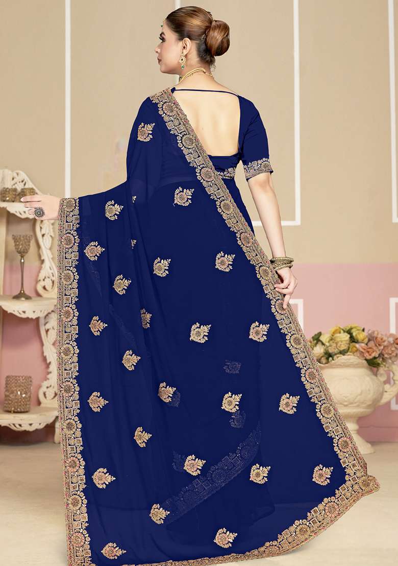 Navy Blue Georgette Saree Set with Embroidery for Diwali | Wedding & Festive Wear - Indya