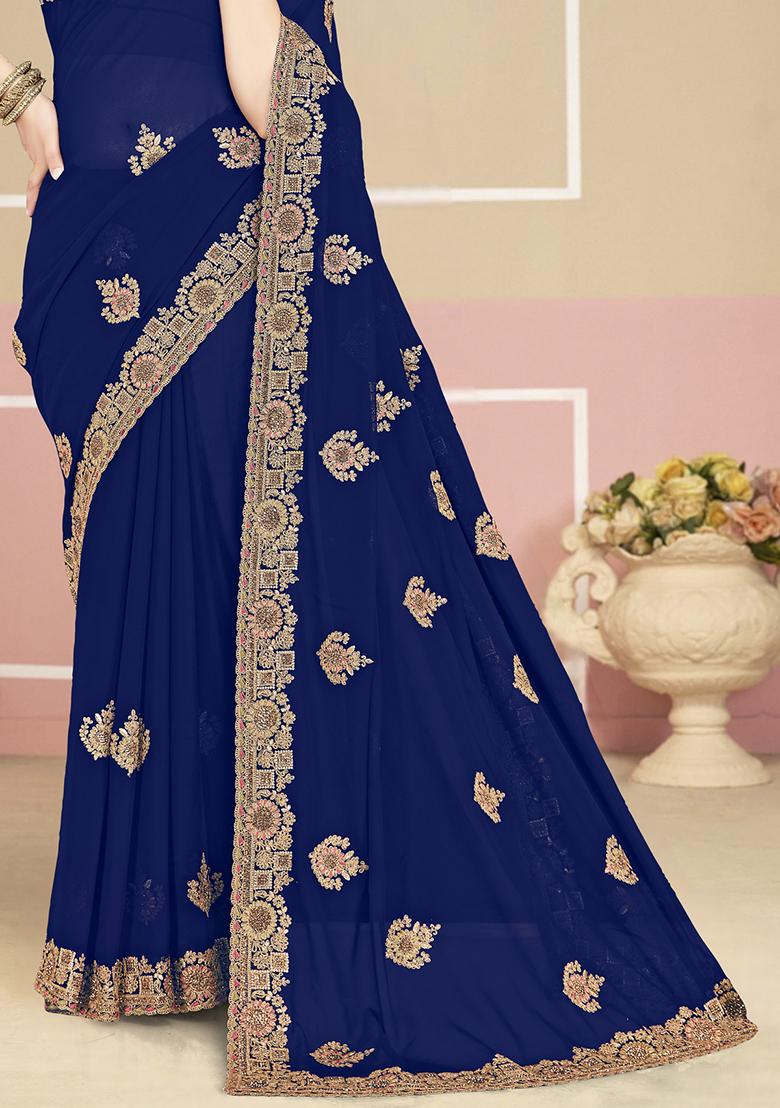 Navy Blue Embroidery Georgette Saree Set - Indya