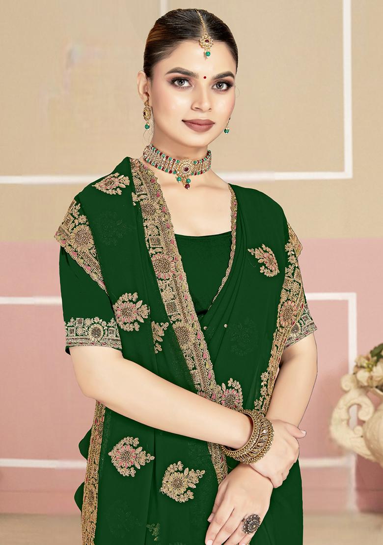 Green Embroidery Georgette Saree Set - Indya