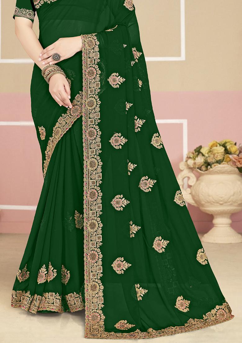 Green Embroidery Georgette Saree Set - Indya