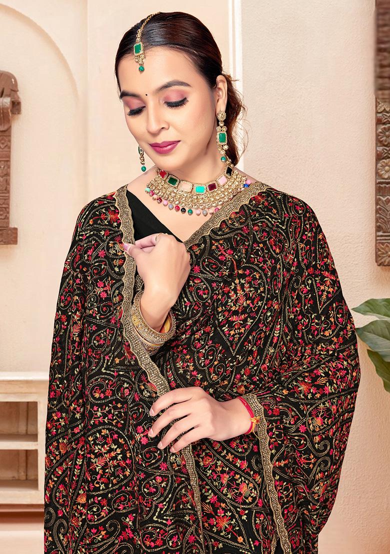 Black Embroidery Georgette Saree Set - Indya