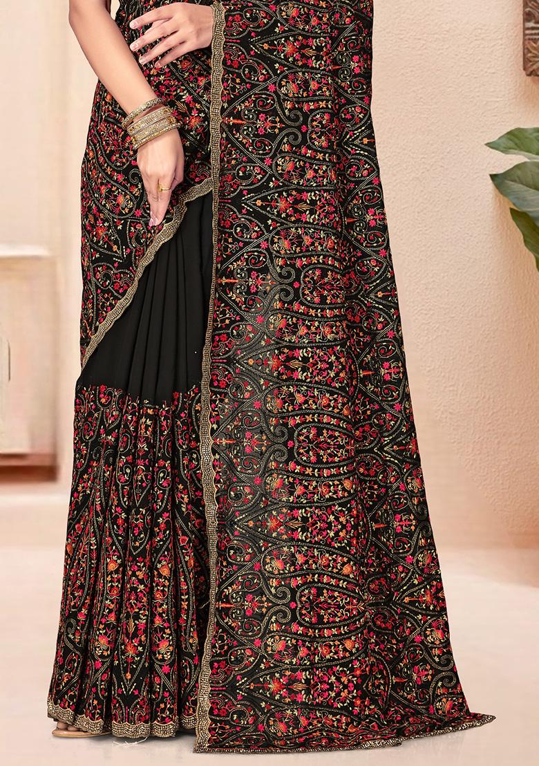 Black Embroidery Georgette Saree Set - Indya