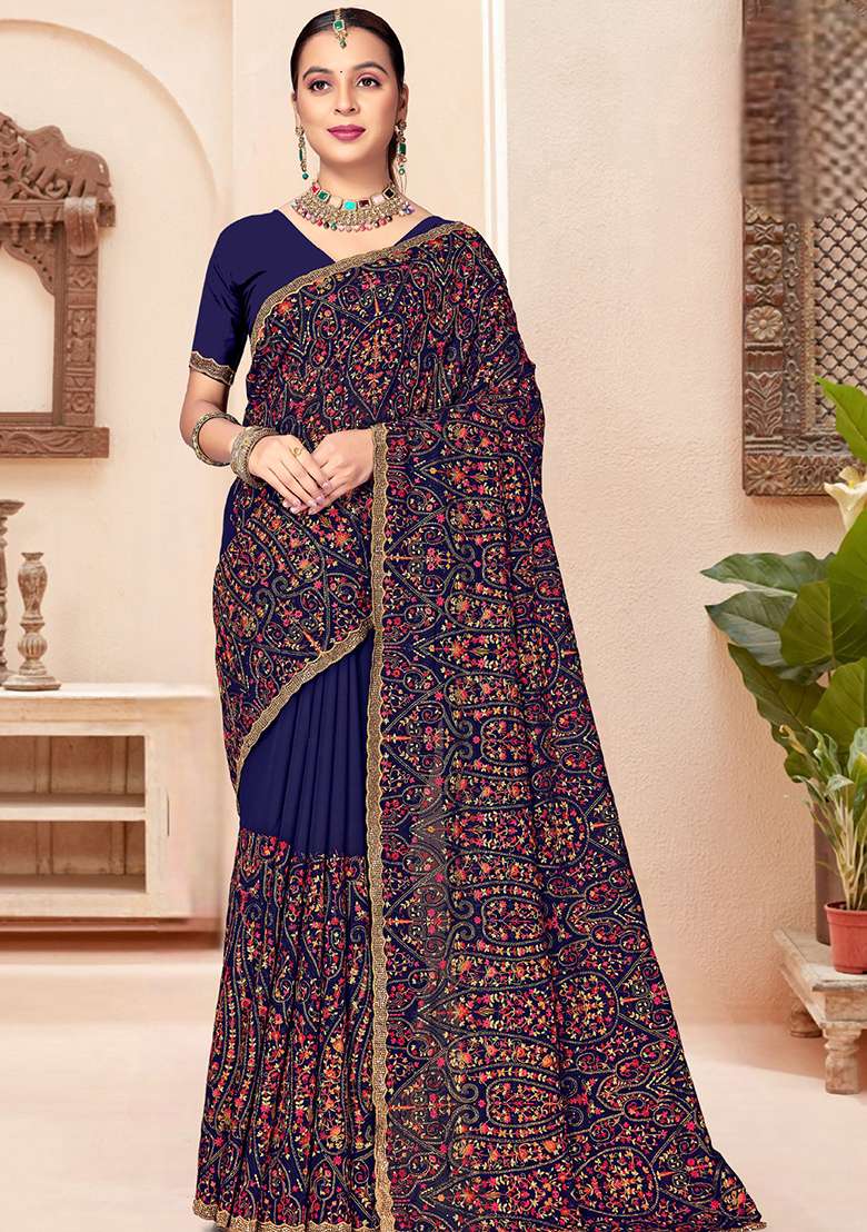 Navy Blue Embroidery Georgette Saree Set - Indya