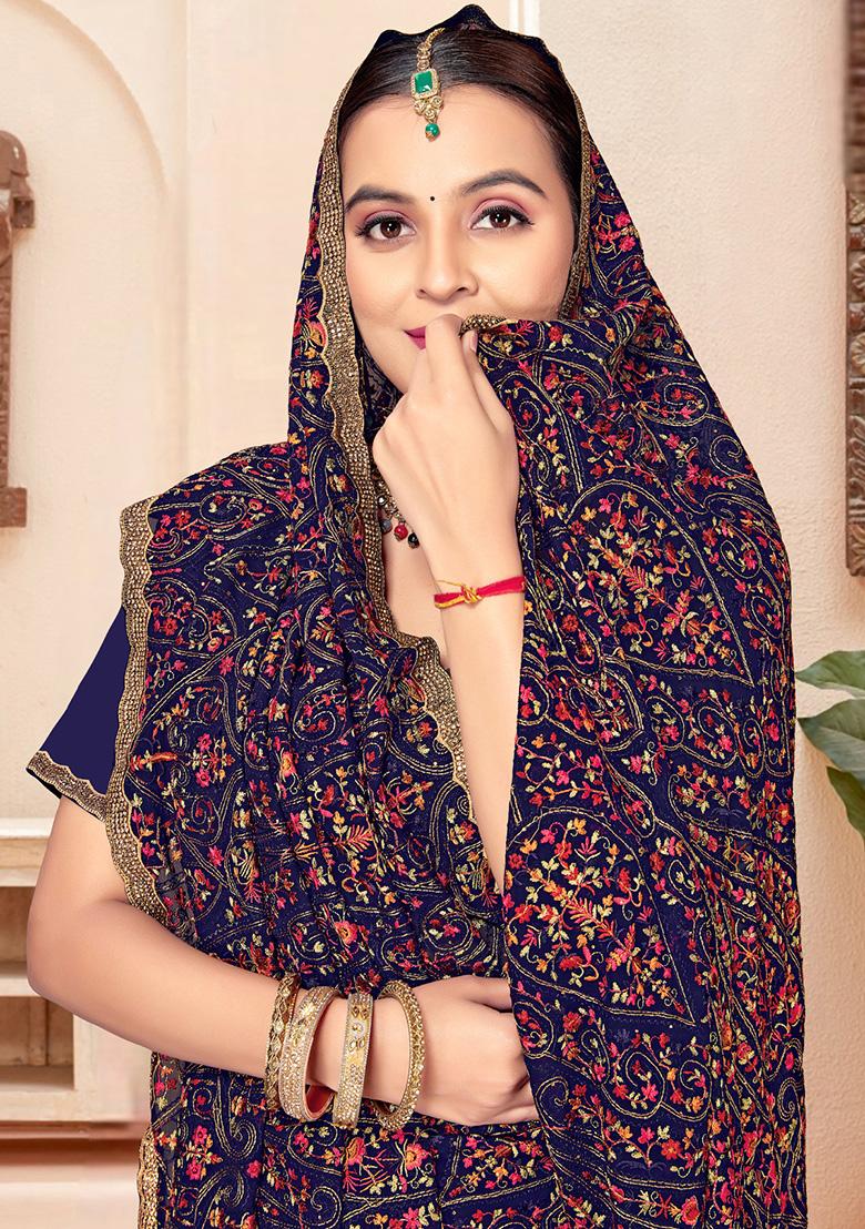 Navy Blue Embroidery Georgette Saree Set - Indya