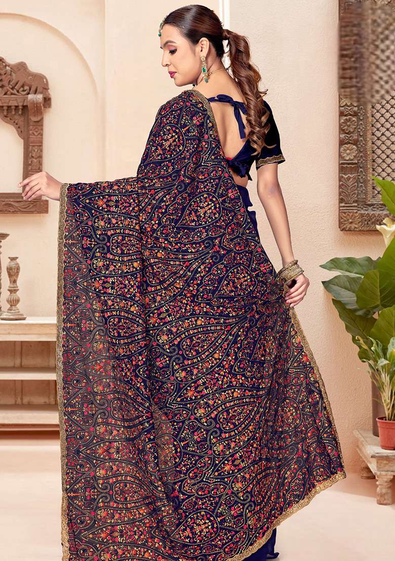 Navy Blue Embroidery Georgette Saree Set - Indya