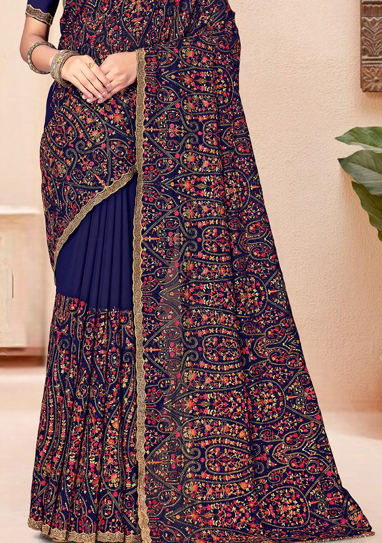 Navy Blue Embroidery Georgette Saree Set - Indya