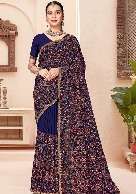 Navy Blue Embroidery Georgette Saree Set