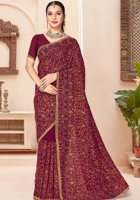 Wine Embroidery Georgette Saree Set