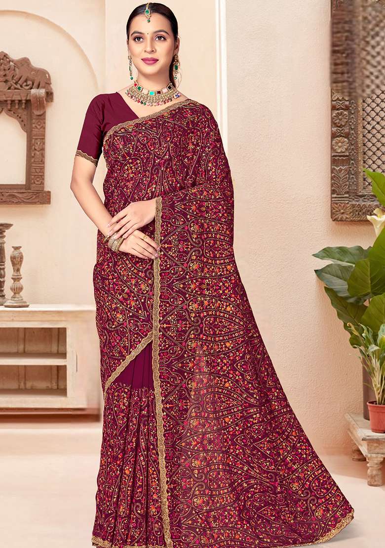 Wine Embroidery Georgette Saree Set - Indya