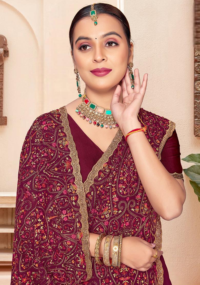 Wine Embroidery Georgette Saree Set - Indya