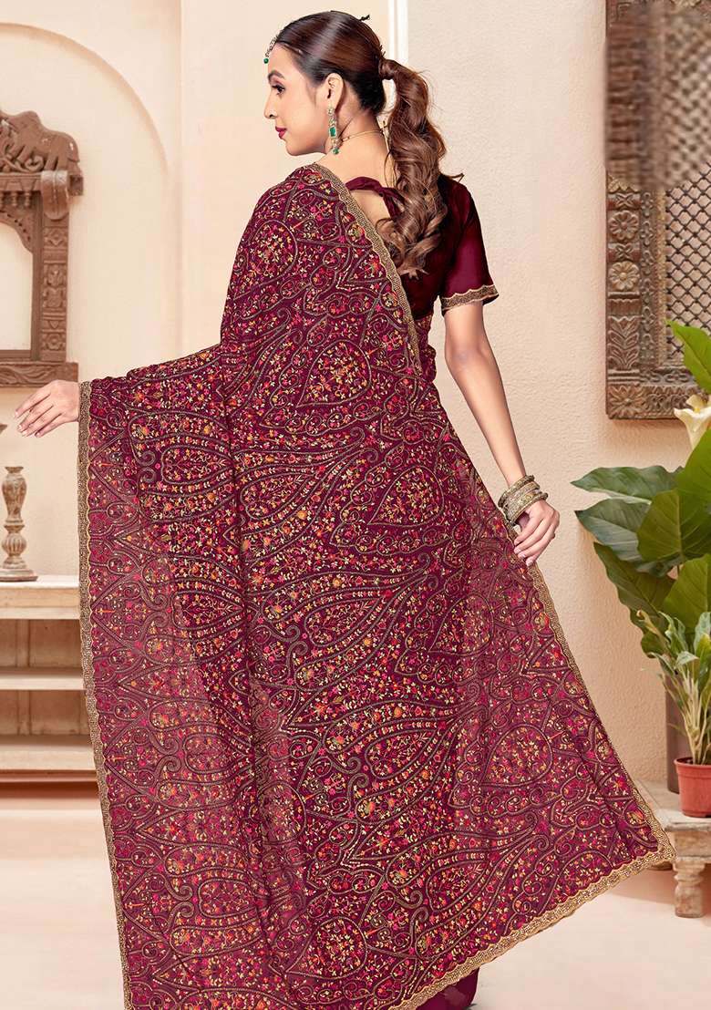 Wine Embroidery Georgette Saree Set - Indya
