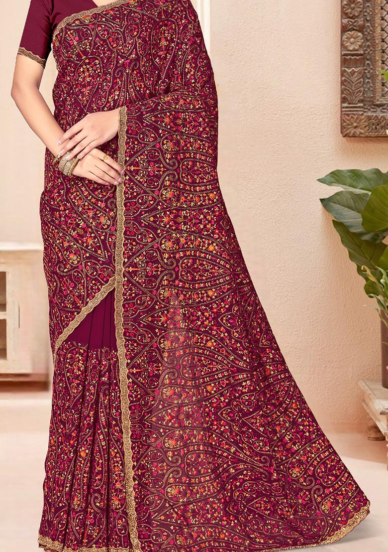 Wine Embroidery Georgette Saree Set - Indya