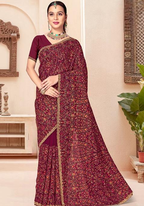 Wine Embroidery Georgette Saree Set