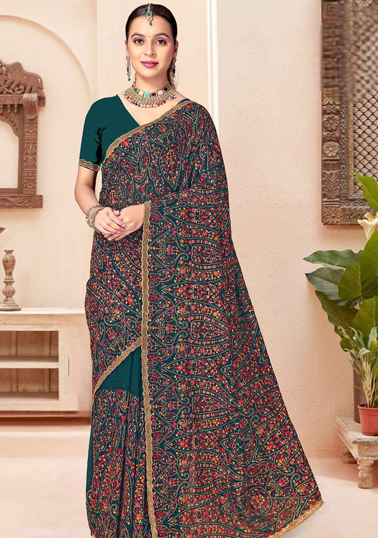 Teal Blue Embroidery Georgette Saree Set - Indya