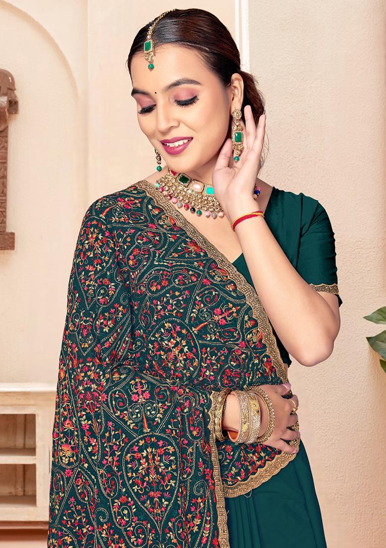 Teal Blue Embroidery Georgette Saree Set - Indya