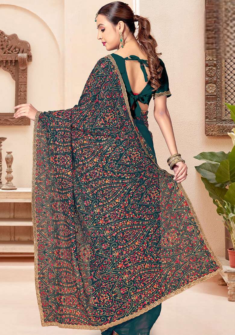 Teal Blue Embroidery Georgette Saree Set - Indya