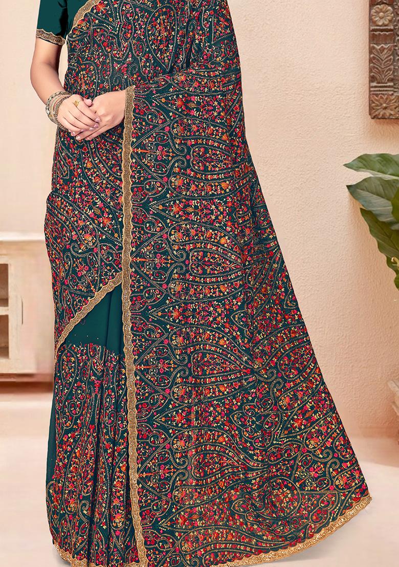 Teal Blue Embroidery Georgette Saree Set - Indya